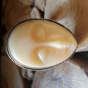 New Carved Cream Goddess Face 925 Silver Ring.